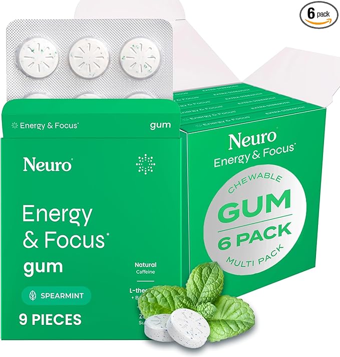 NeuroGum Energy & Focus Gum (54 Count-6 Pack, Spearmint) | 40mg Natural Caffeine + L-Theanine + Vitamin B12 & B6 + Xylitol | Sugar Free Nootropic Cognitive Brain Performance Supplement