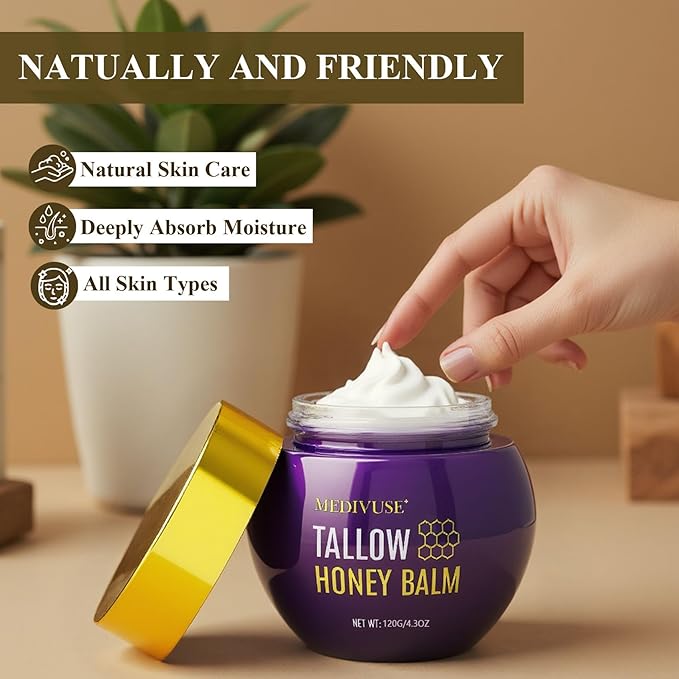 Tallow and Honey Balm - 120 ML Organic Grass-Fed Beef Balm - Deeply Moisturizing Body Cream - Beef Tallow for Face Body Lotion for Dry & Sensitive Skin