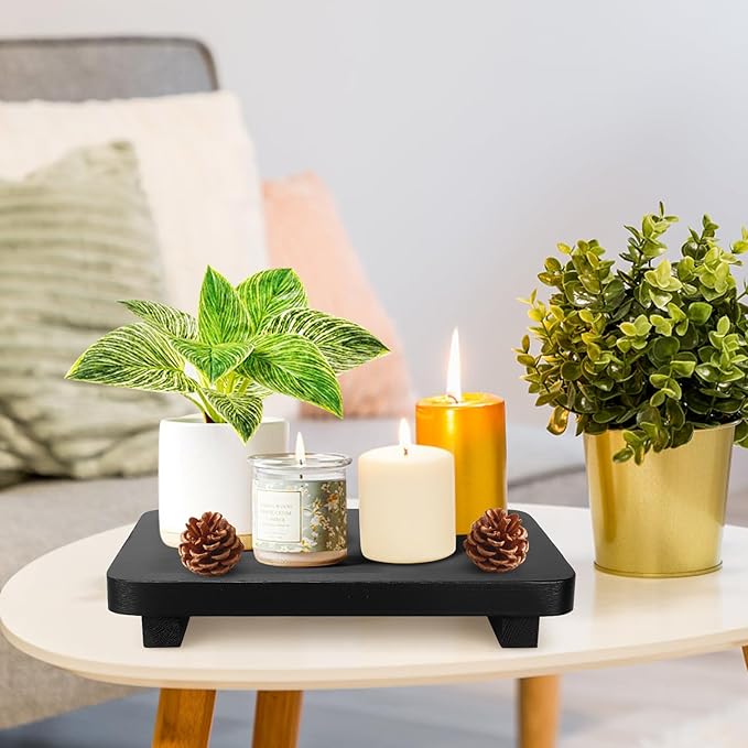 Black Bathroom Counter Organizer Wood Risers Display Pedestal Stand Farmhouse Wooden Dish Soap Dispenser Holder for Bathroom Decor Kitchen Countertop Trays Kitchen Sink Accessories Vanity Tray