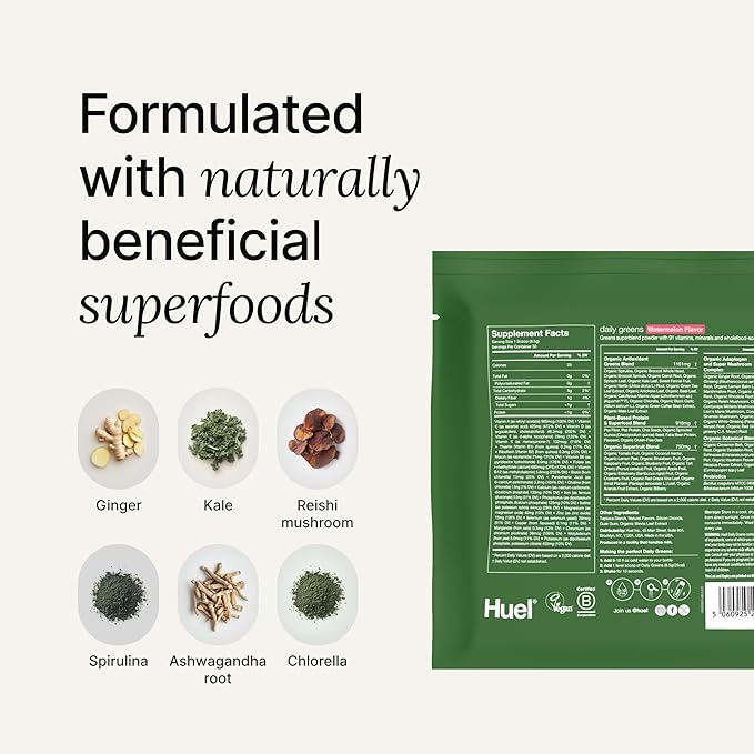 Huel Daily Greens Single Serve Watermelon| Superfood Greens Powder | 91 Vitamins, Minerals, and Wholefood-Sourced Ingredients | Adaptogens, Antioxidants, Gut-Friendly Probiotics | 12 Pack
