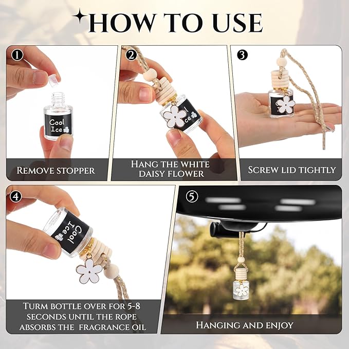 2 Sets Hanging Car Air Freshener and Essential Oil Diffuser, Car Air Freshener Daisy Essential Oil Diffuser Long Lasting Automobile Aromatherapy(White,Cool Ice)