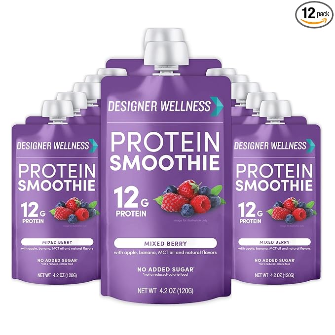 Designer Wellness Protein Smoothie, Real Fruit, 12g Protein, Low Carb, Zero Added Sugar, Gluten-Free, Non-GMO, No Artificial Colors or Flavors, Mixed Berry, 12 Count