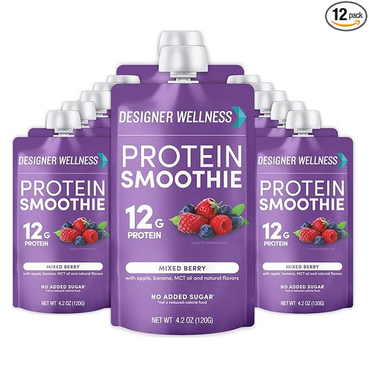 Designer Wellness Protein Smoothie, Real Fruit, 12g Protein, Low Carb, Zero Added Sugar, Gluten-Free, Non-GMO, No Artificial Colors or Flavors, Mixed Berry, 12 Count