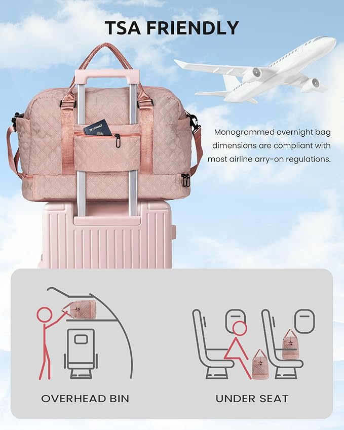 Gifts for Granddaughter-Initial Duffle Bag with Shoe Compartment, Personalized Weekender Bag, Monogram Overnight Bag, Letter Travel Bag with Makeup Bag，Daughter Friend Gifts (Letter S), Pink