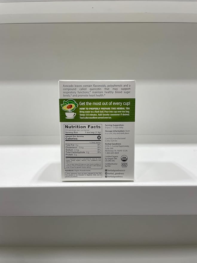 Avocado Leaf Tea - Organic Avocado Green Tea Bags Rich in Calcium, Nutrient Dense, Respiratory & Heart Support - 24/2g Tea Bags - Herbal Goodness