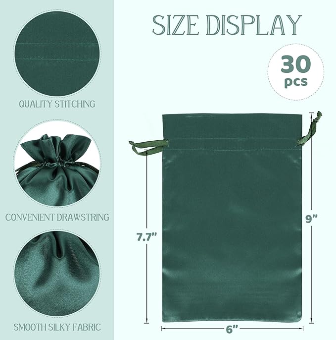 Green Satin Cloth Gift Bags, 30Pcs 6x9 with Drawstring, For Kids Classroom, Wedding, Birthday, or Bachelor Party Favors, Halloween Party, Alcohol Bottle, Tarot Journal, Oracle Cards