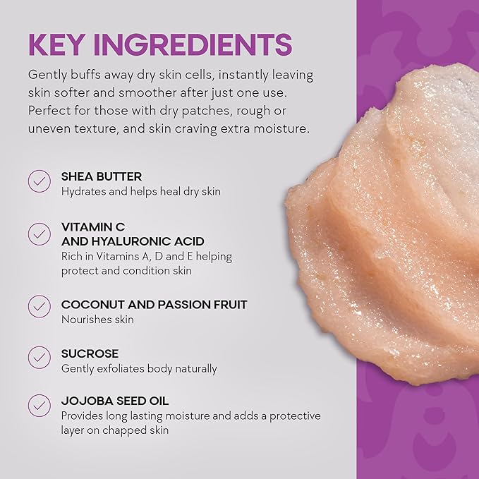 Dermasuri - Exfoliating Sugar Scrub - Body Scrubber for Men & Women - Exfoliates & Removes Dead, Dry Skin for a Soft & Radiant Glow - Deep Hydration - Stocking Gifts for Women - Coconut Passion Fruit