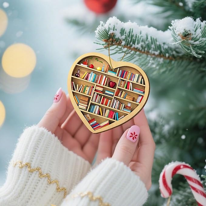 Book Ornament for Christmas Tree, 2 Sides Print Ornament, Bookshelf Wooden Ornament, Book Themed Decor, Book Lover Gifts for Christmas, Booktrovert
