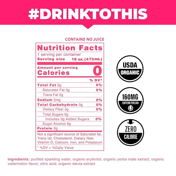 CLEAN Cause Zero Sugar Watermelon Yerba Mate Tea Sparkling, USDA Organic Energy Drink Alternative, Zero Calorie, 160mg Natural Caffeine, Soda Alternative, Plant-Based (16oz cans, 12-Pack Case)