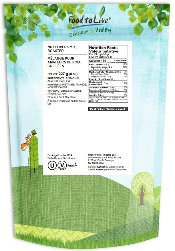 Food to Live Nut Lovers Mix, 8 Ounces – Premium Dry Roasted Pistachios No Shell, Almonds and Cashews Blend. No Salt Added. Trail Snacks for Adults and Kids. Vegan, Kosher, Bulk