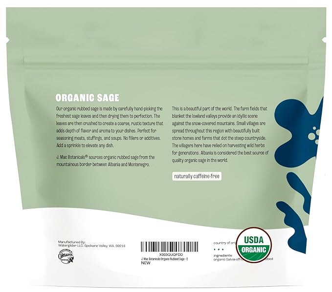 J Mac Botanicals, Organic Rubbed Sage (2 oz), Certified USDA Organic, Dried Rubbed Sage Leaf. Culinary Grade-excellent for sausage making, fresh Albanian harvest