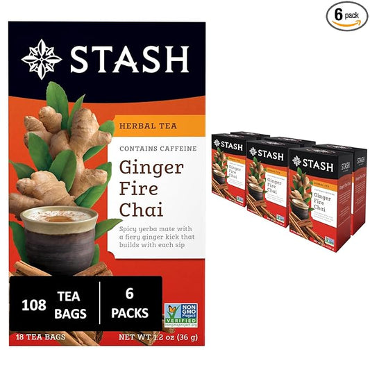 Stash Tea Ginger Fire Chai Herbal Tea - Caffeinated, Non-GMO Project Verified Premium Tea with No Artificial Ingredients, 18 Count (Pack of 6) - 108 Bags Total