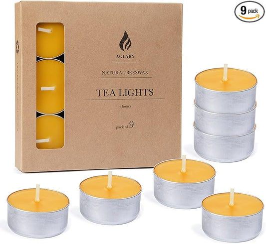 9-Pack Pure Beeswax Tealight Candles in Aluminum Cups - 4-5 Hour Burn Time, Lead-Free Cotton Wick, Natural Unscented Candles
