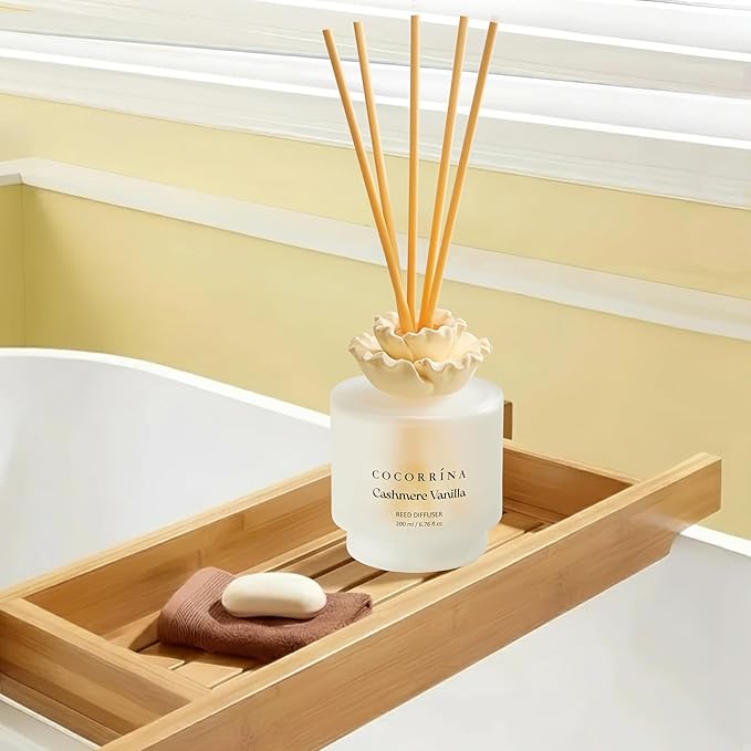 COCORRÍNA Gypsum Flower Reed Diffuser Set for Bathroom Décor – Cashmere Vanilla Scent, 6.76 oz with Sticks & Oil – Home Fragrance for Bathroom & Living Space