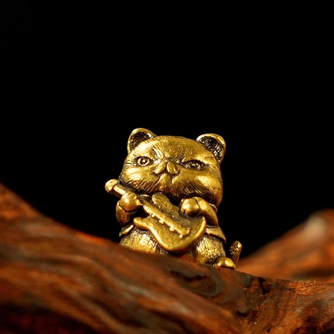 Fierce Rocker Cat Brass Statue - 100% Solid Handcast Guitar Player Sculpture, Vintage Music Lover Gift for Desk, Unique Collectible Animal Art, Handmade Heavy Metal Decor for Musicians & Cat Lovers