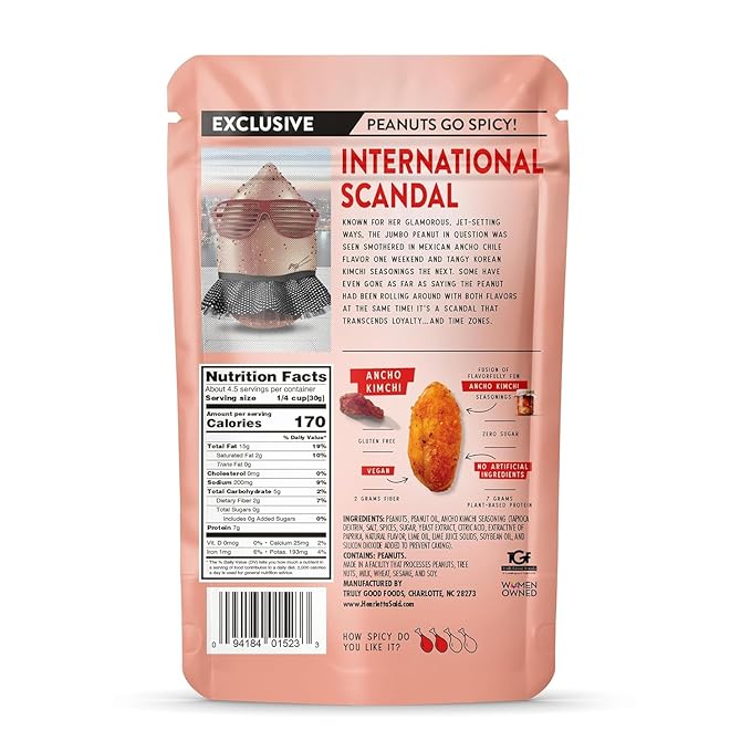 Henrietta Said Wing-Flavored Peanuts - Truly Good Foods Snacking Nuts - Bold Flavors - Savory & Spicy - Jumbo Flavored Peanuts - Protein Packed Vegan Snack - 4 (5-oz) Packs - Ancho Kimchi