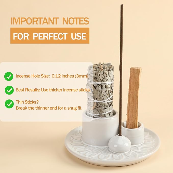 Palo Santo Sticks Holder, Multi-Purpose Handmade Ceramic Incense Burner for Palo Santo Incense Sticks, Sage Holder for Burning, Ash Catcher Tray for Meditation Yoga Room (White)