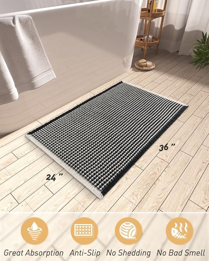 AMOAMI Upgraded Waffle Bath Mat, Super Absorbent Non Slip Bath Mats for Bathroom Floor, Machine Washable Bathroom Rugs with Tassels, Rubber Backed Bathroom Mats, Ultra Soft, 24" x 36",Black & Cream