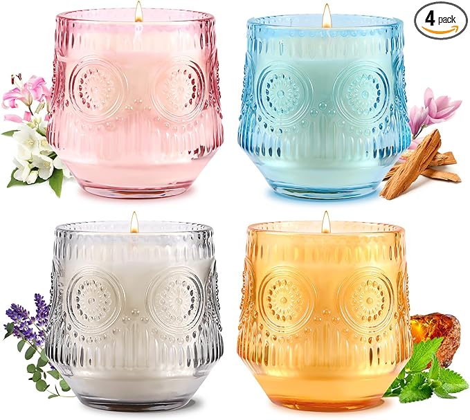Luxury Scented Candles Gift Set - Floral & Woody Soy Wax Candles in Glass Jars 4Pack 7 oz - Jasmine Lily/Lavender Eucalyptus/Magnolia Sandalwood/Amber Patchouli
