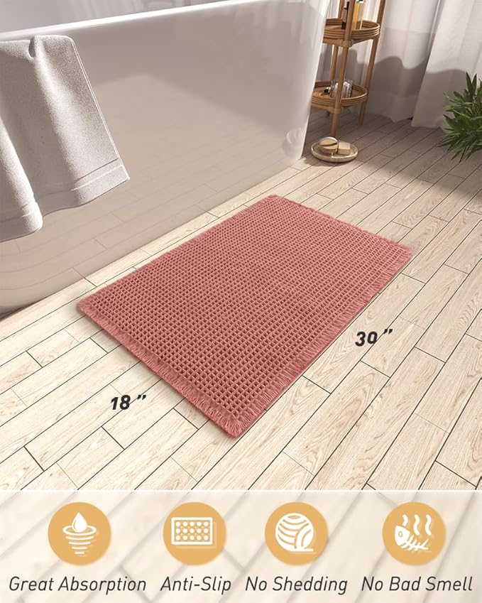 AMOAMI Upgraded Waffle Bath Mat, Super Absorbent Non Slip Bath Mats for Bathroom Floor, Machine Washable Bathroom Rugs with Tassels, Rubber Backed Bathroom Mats, Ultra Soft, 18" x 30", Coral