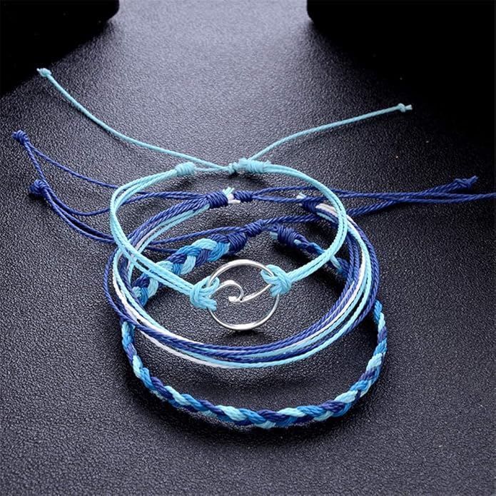 kelistom Handmade Braided Wax Rope Adjustable Strand Wrap Bracelet Set Waterproof Wave Shell Charm Stretch Knot String Thread Bracelets Friendship Jewelry