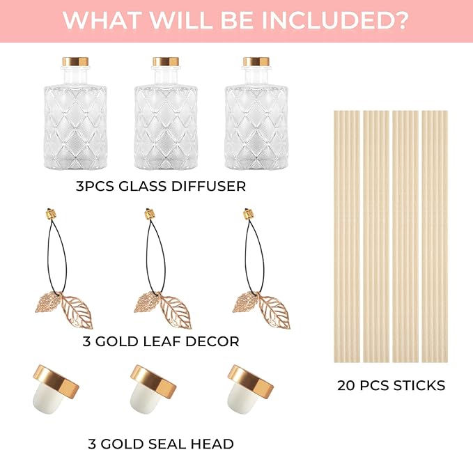 Glass Reed Diffusers Bottles for Home, Diffuser Bottles with 20PCS Reed Diffuser Sticks, Vintage Embossed Apothecary Style Flower Bud Vases with Cork Lids, Set of 3