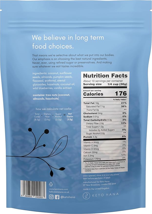 Keto Hana Wild Blueberry Keto Granola Keto Diet Vegan Grain Free Dairy Free Plant Based No Refined Sugars Gluten Free 2g Net Carbs Breakfast Cereal - 11oz