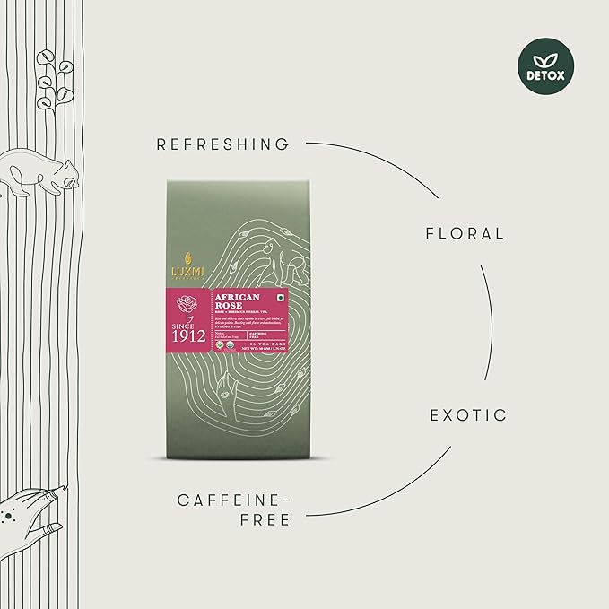 Luxmi Estates African Rose Organic Hibiscus Rose Tea (25 Tea Bags) Caffeine Free Tea Bags For Detox, Cleansing, and Digestion, With Certified Organic Herbal Tea