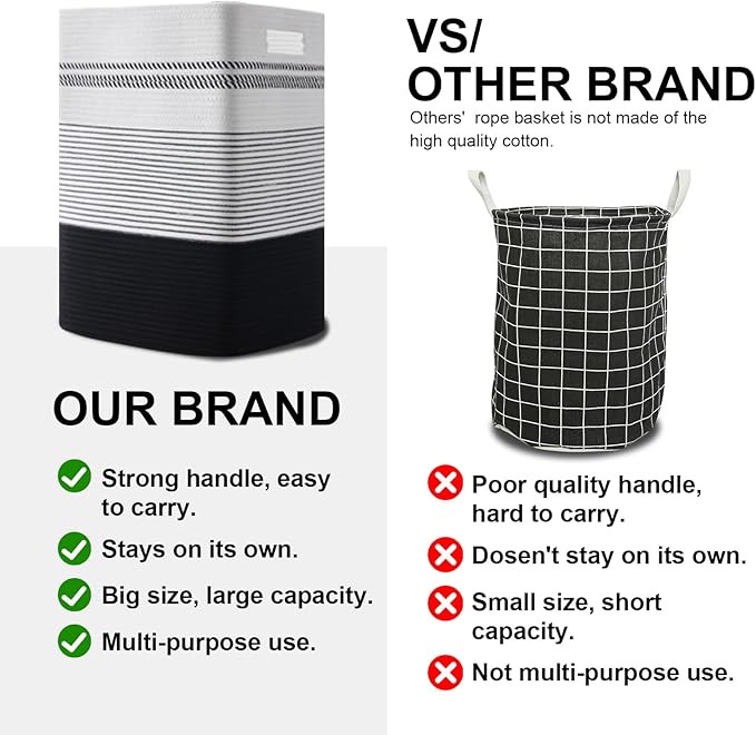 Laundry Hamper, Large Woven Rope Tall Laundry Basket with Handles, 22" X 17" X 13", Decorative Storage Basket for Clothes and Blankets in Living room, Bedroom, Black& White