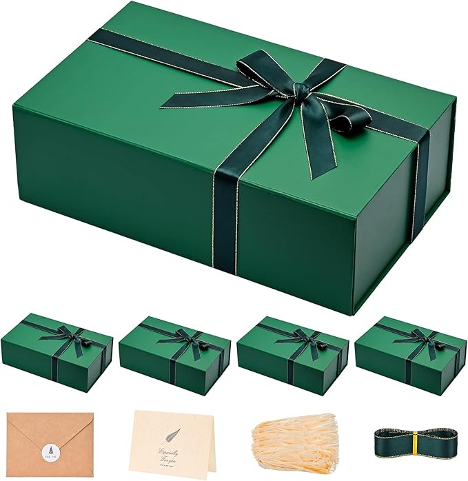 LIFELUM 5 Pack Christmas Gift Boxes Large Green Boxes of Gifts 13.85 x 8.35 x 4.45 inch Gift Boxes Storage Gift Boxes with Strong Magnetic Lid for Presents Contains Card, Ribbon, Filler,Sticker