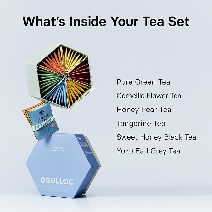 OSULLOC TEA VARIATION ESSENCE (42 Count, 6 Types x 7 ea), Assorted Tea bag Sampler, Exceptional Designed Variety Tea gift Set, Premium Tea sets from Jeju Island tea farm