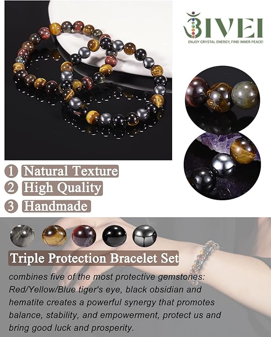 Bivei Natural Gemstone Semi Precious Healing Crystals Handmade Stretchy Round Beads Bracelet, Enhance Positive Energy