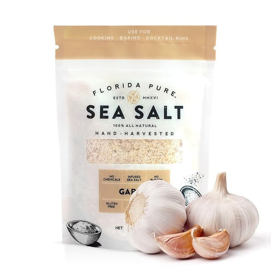 FLORIDA PURE Garlic Sea Salt - 80+ Mineral Sea Salt, Natural, Unrefined, Non Iodized - for Baking, Cooking, Seasoning & Enhancing Taste - Rich Taste Flaky Sea Salt (3 oz. Pouch)