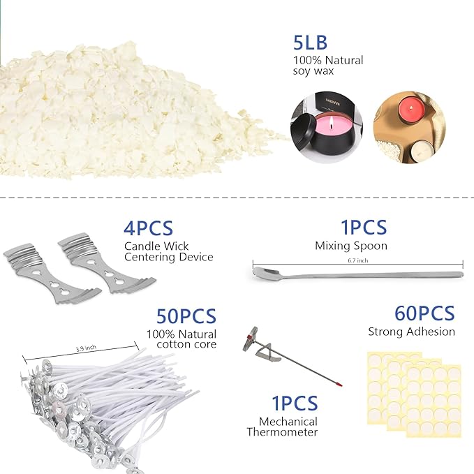SAEUYVB Candle Making Kit Supplies, Natural Candle Wax for Candle Making - Soy Wax DIYCandle Making for Adults, Including 5lbs Soy Wax Flakes, Pouring Pot, Start Candle Kit for Adults, Beginners