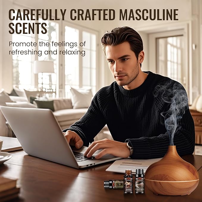 Men Essential Oils Set, Fragrance Oil for Diffuser, Leather, Tobacco, Cedar, Bourbon Whisky, Bergamot, Candle Scents for Candle Making, Soap Making Supplies, Man Aromatherapy Diffuser Oils Kit(6x10ML)