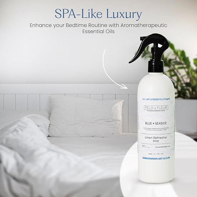 FIELD FLEUR Blue Seaside Linen & Room Spray 15.5 oz - Aromatic & Refreshing Bedding & Fabric Mist - Air Freshener for Clothes & Sofas - Notes of Citrus, Oceanic Breeze & Sugary Coconut -Made in USA