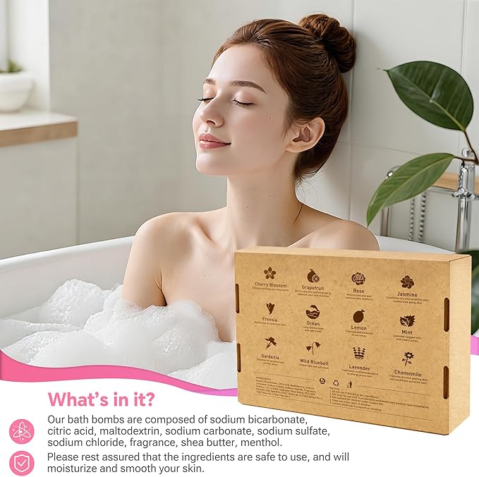 Bath Bombs for Women, 12 PCS Bath Set, Natural Bubble Bathbombs with Shea Butter, Dry Skin Moisturizing, Present for Mother’s Day, Birthday, Valentine’s Day for Mom, Wife, Her, Girls