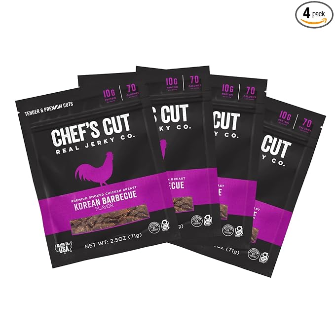Chef's Cut Chicken Jerky Meat, Korean Barbecue (2.5 Ounce Bags, Pack of 4) - High Protein, 10g Protein, 70 Calories, Gluten-Free, Premium Smoked Chicken Breast, Keto Friendly Snack, Low Carb Snack