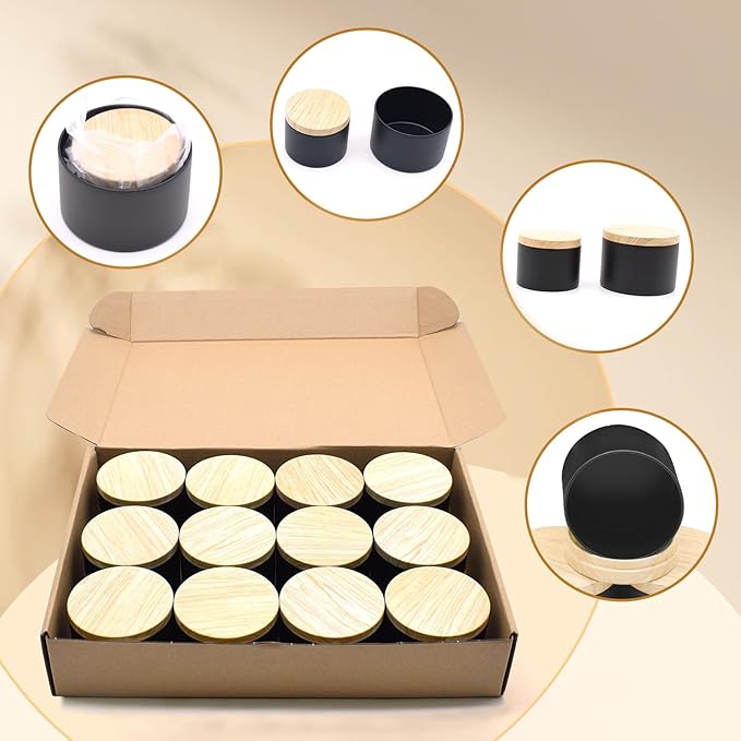 24-Pack Candle Jars, 12pcs 8oz + 12pcs 4oz Candle Tins with Metal Wood-Grain Printing Lids, Empty Candle Jars for Making Candles Bulk Candle Containers - Black