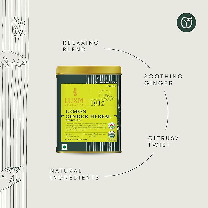 Luxmi Estates Lemon Ginger Root - 50gm Tin Loose Leaf | Certified Organic Herbal Tea | Citrus Flavor & Aroma | Lemon Peel, Ginger, Lemongrass, Licorice