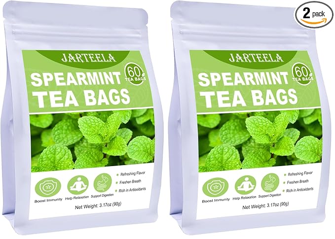Jarteela - Spearmint Tea Bag, 1.5g x 60 Count - Pure Spearmint Leaves - Natural Herbal Tea Bags for Digestion - Non-GMO - Caffeine-free Tea (Pack of 2)