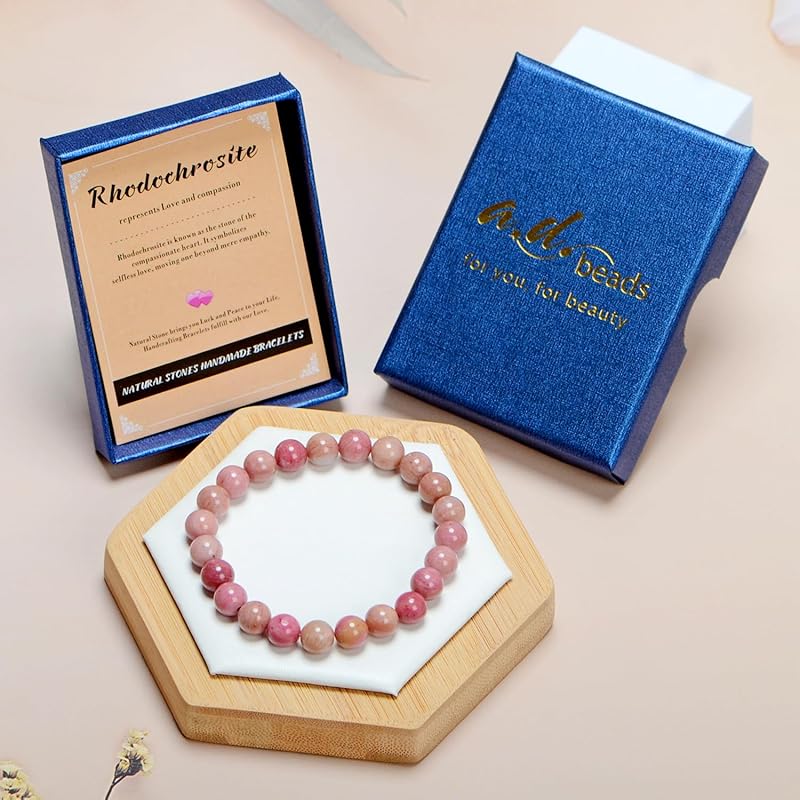 AD Beads Handmade Gemstone Stretch Elastic Bracelet Crystal Healing Reiki Nature's Beauty and Spiritual Essence Unisex (4mm, Rhodochrosite)