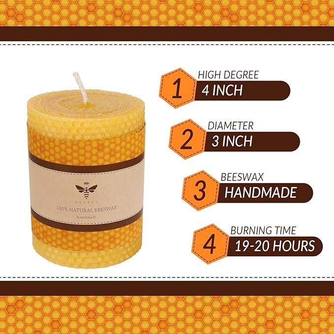 DEYBBY 3×4 in Beeswax Pillar Candle - Handmade Pure Beeswax Rolled Candle for Gift & Home Decor