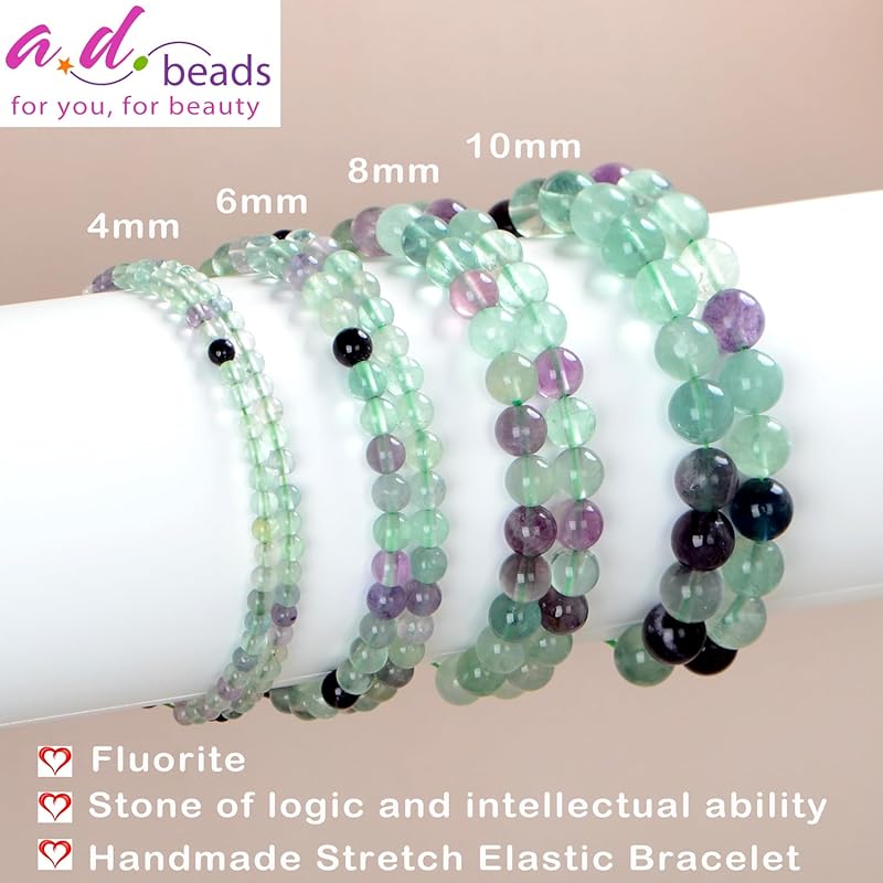 AD Beads Handmade Gemstone Stretch Elastic Bracelet Crystal Healing Reiki Nature's Beauty and Spiritual Essence Unisex (10mm, Fluorite)