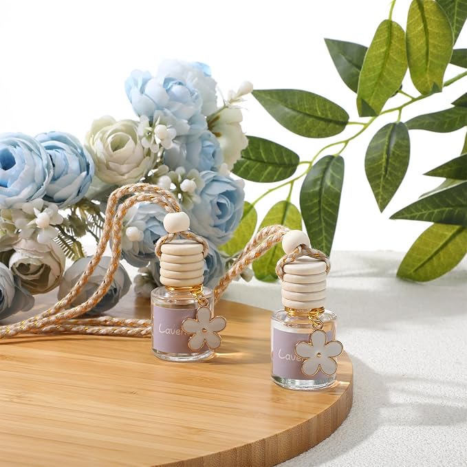 2 Sets Hanging Car Air Freshener and Essential Oil Diffuser, Car Air Freshener Daisy Essential Oil Diffuser Long Lasting Automobile Aromatherapy(White,Lavender)