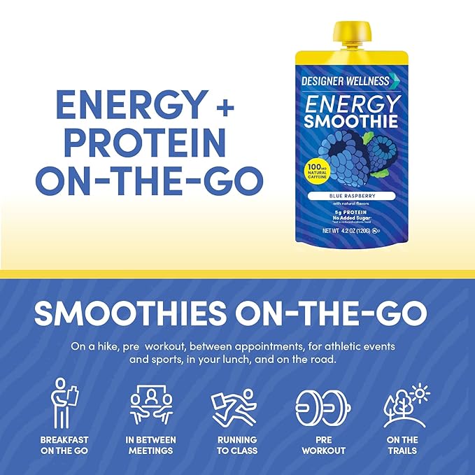 Designer Wellness Energy Smoothie, Real Fruit, 100mg Natural Caffeine, 5g Protein, Low Carb, Zero Added Sugar, Gluten-Free, Blue Raspberry, 12 Count