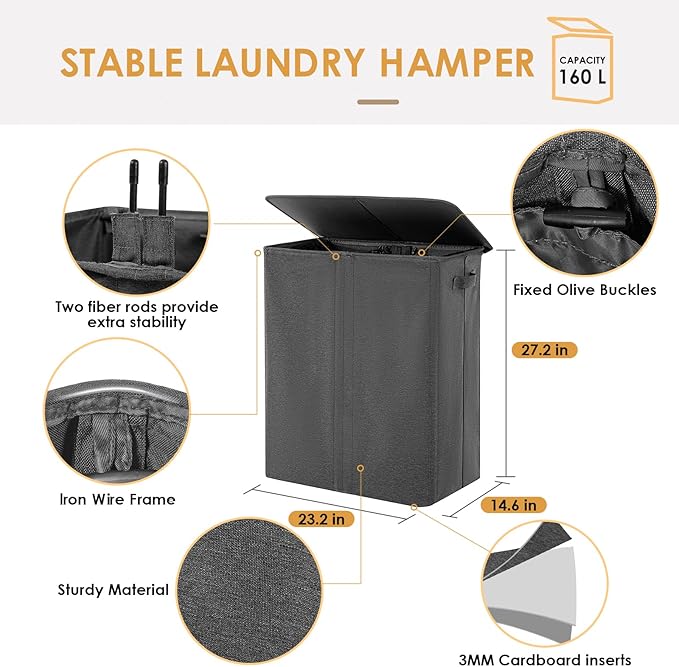 160L Laundry Hamper 3 Section, Dirty Clothes Hamper with Lid for Laundry, Large Laundry Basket with Removable Bags & Labels for Sorting, Hamper 3 Compartment for Laundry Room, Bedroom, Dark Grey