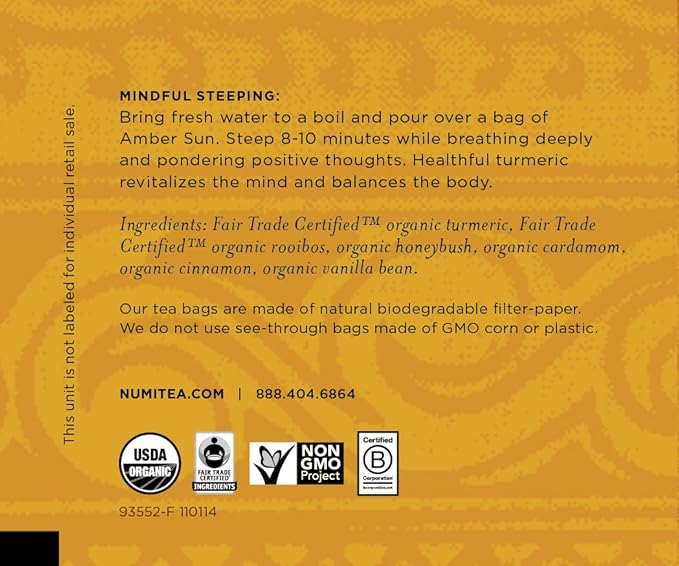 Numi Organic Amber Sun Turmeric Tea Bags, 15 Tea Bags, Herbal Tea with Rooibos & Spices