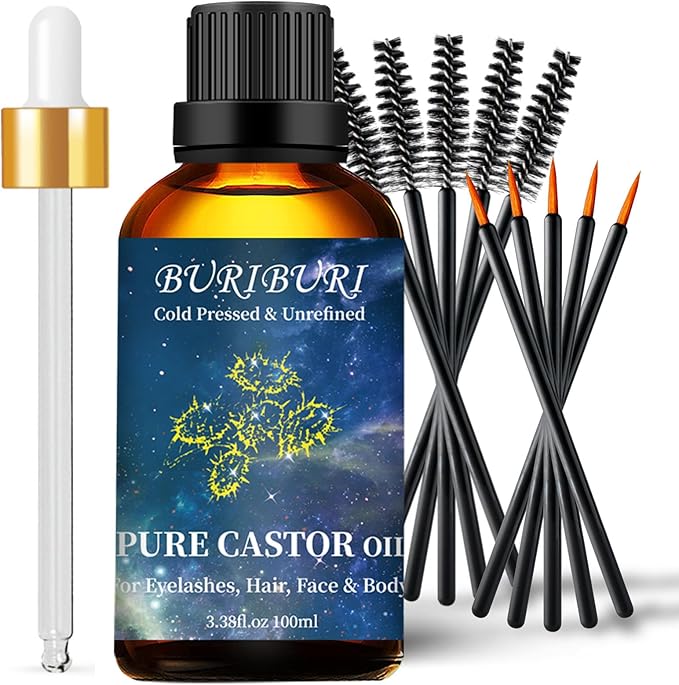 BURIBURI Castor Oil Pure Carrier Oil with Applicator Kit, 100% Pure, Organic, Cold-Pressed, Natural Castor Oil 100ml/3.38fl.oz