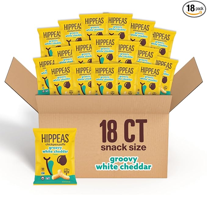 Hippeas Chickpea Puffs, Vegan White Cheddar, 0.8 Ounce (Pack of 18), 3g Protein, 2g Fiber, Vegan, Gluten-Free, Crunchy, Plant Protein Snacks